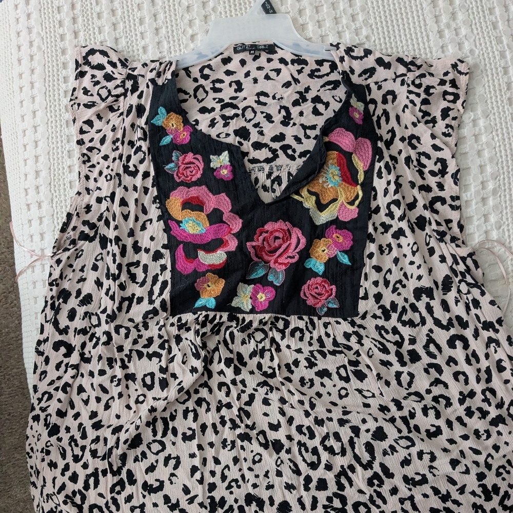 Floral Embroidered Leopard Print Top